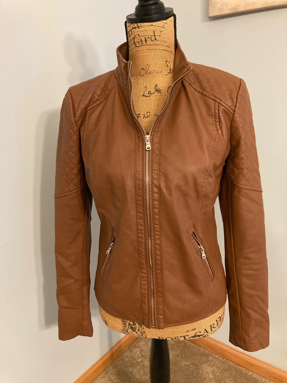 Guess Faux Leather Zip Front Moto Jacket Women Size Small Cognac Brown
